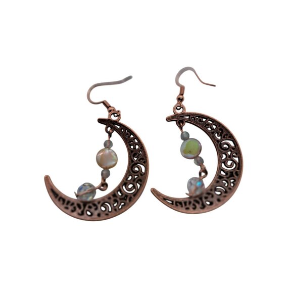 Copper crescent earrings mother of pearl labradorite AB crystal handmade - Picture 5 of 8